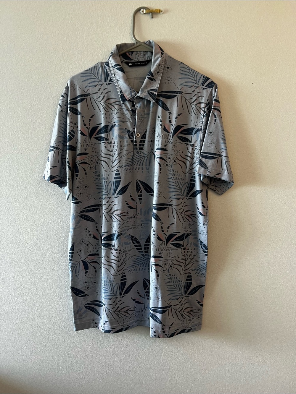 TravisMathew Grey Polo with Black Tropical Leaf Print